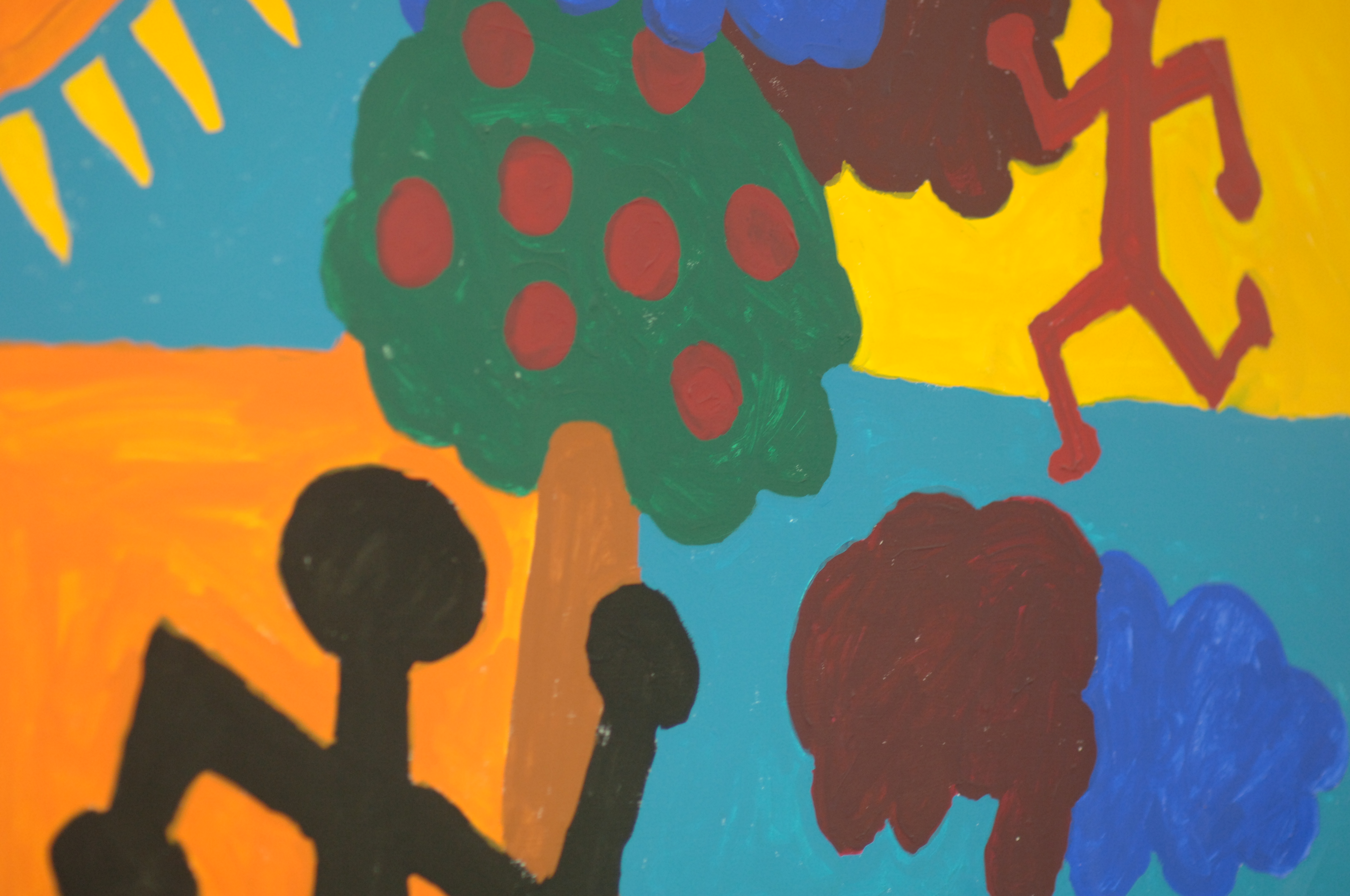 gemaltes Bild mit Figuren und Baum